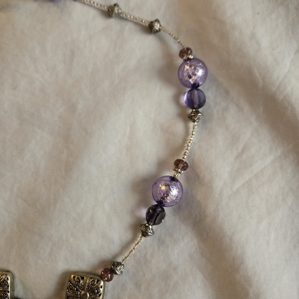 Handmade Butterfly Charm Beaded necklace silver & lavender beads purple ribbon - Picture 4 of 5